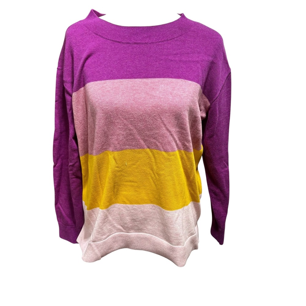 Lands End Striped Crew Neck Sweater Pink Purple Yellow‎ Cotton Women MP #829